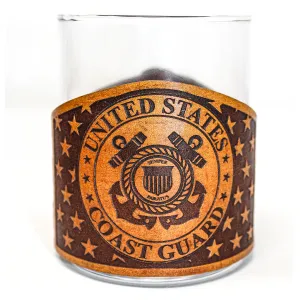 Whiskey Glass Leather Wrap - American flag Coast Guard Engraved