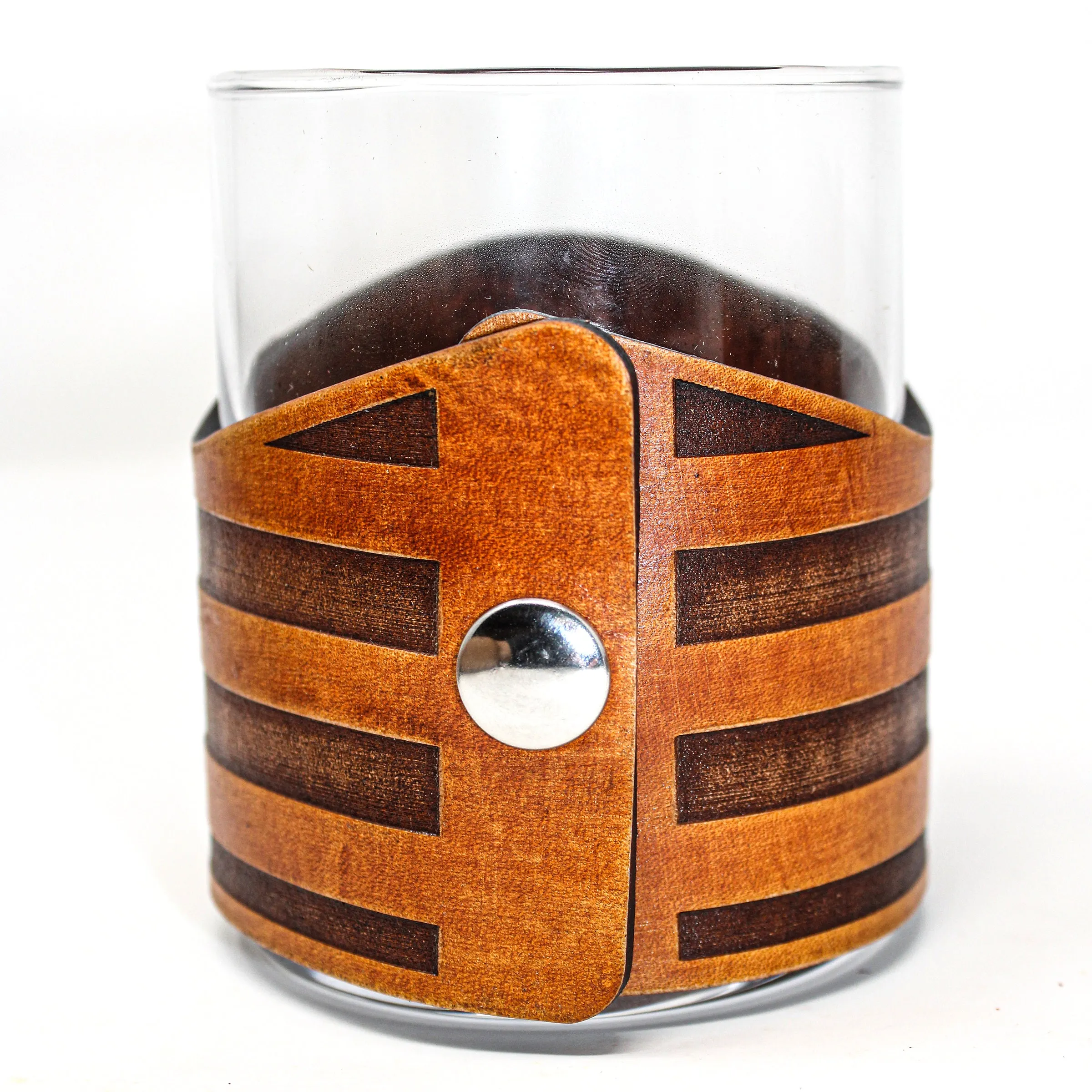 Whiskey Glass Leather Wrap - American flag Coast Guard Engraved