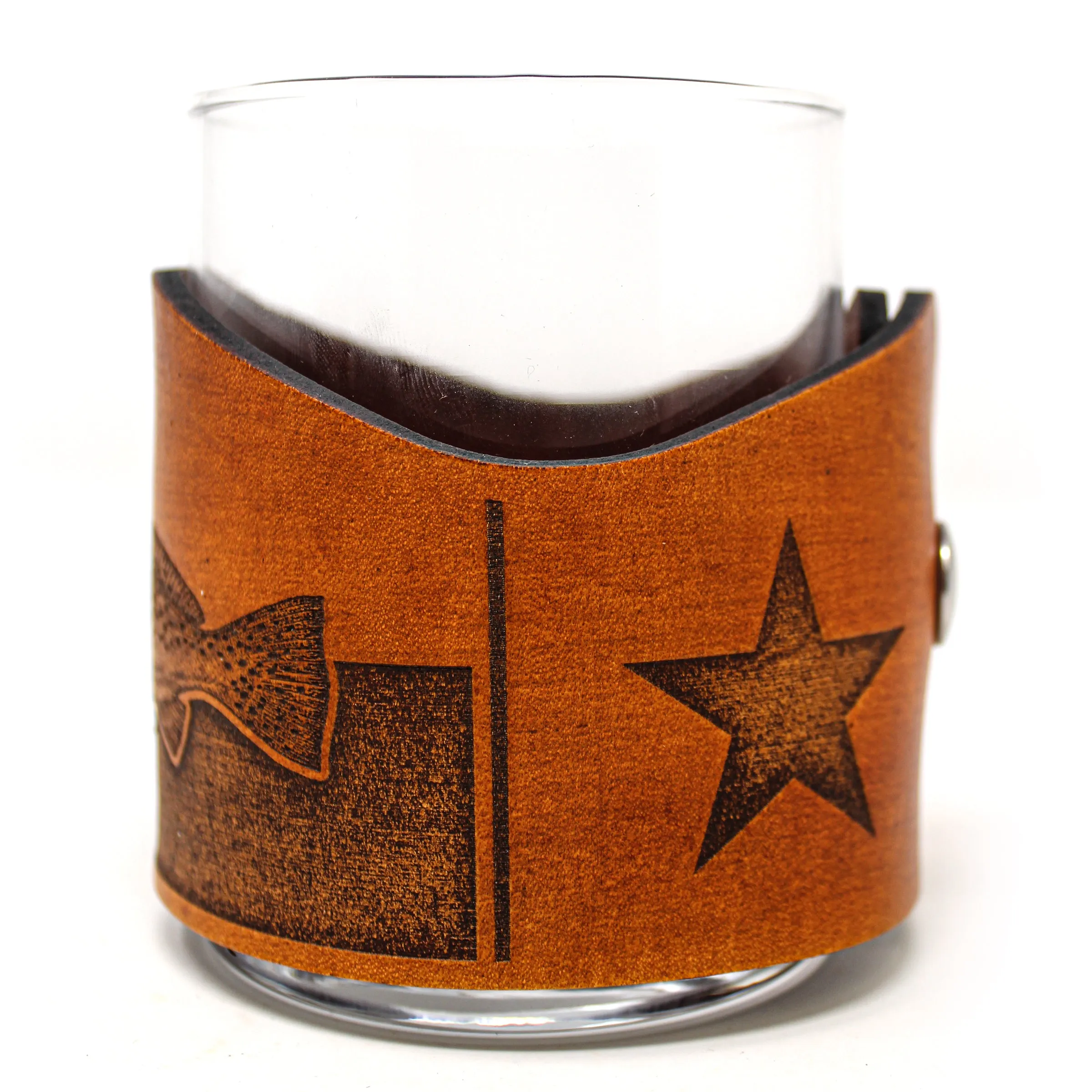 Whiskey Glass Leather Wrap - TX Flag Spotted Sea Trout Rocks Glass