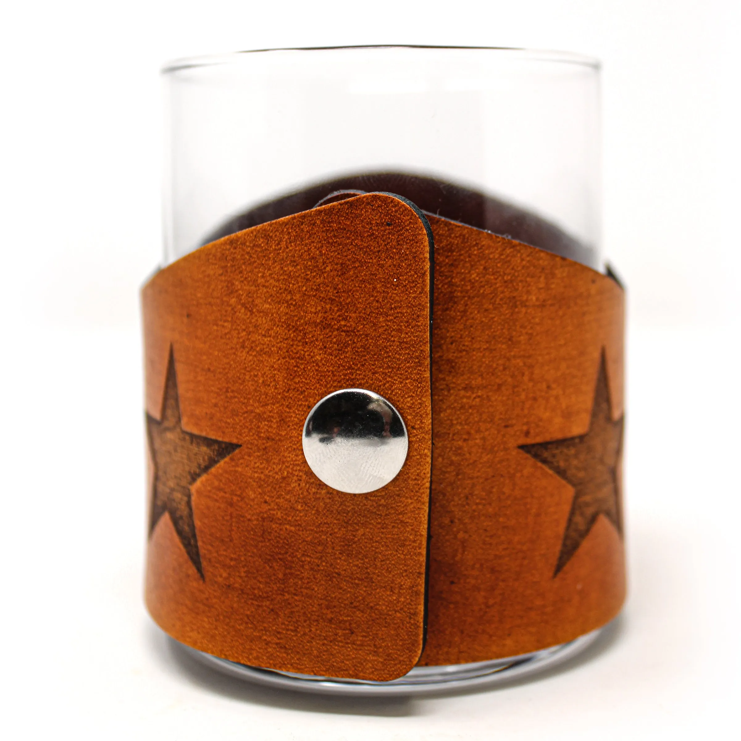 Whiskey Glass Leather Wrap - TX Flag Spotted Sea Trout Rocks Glass