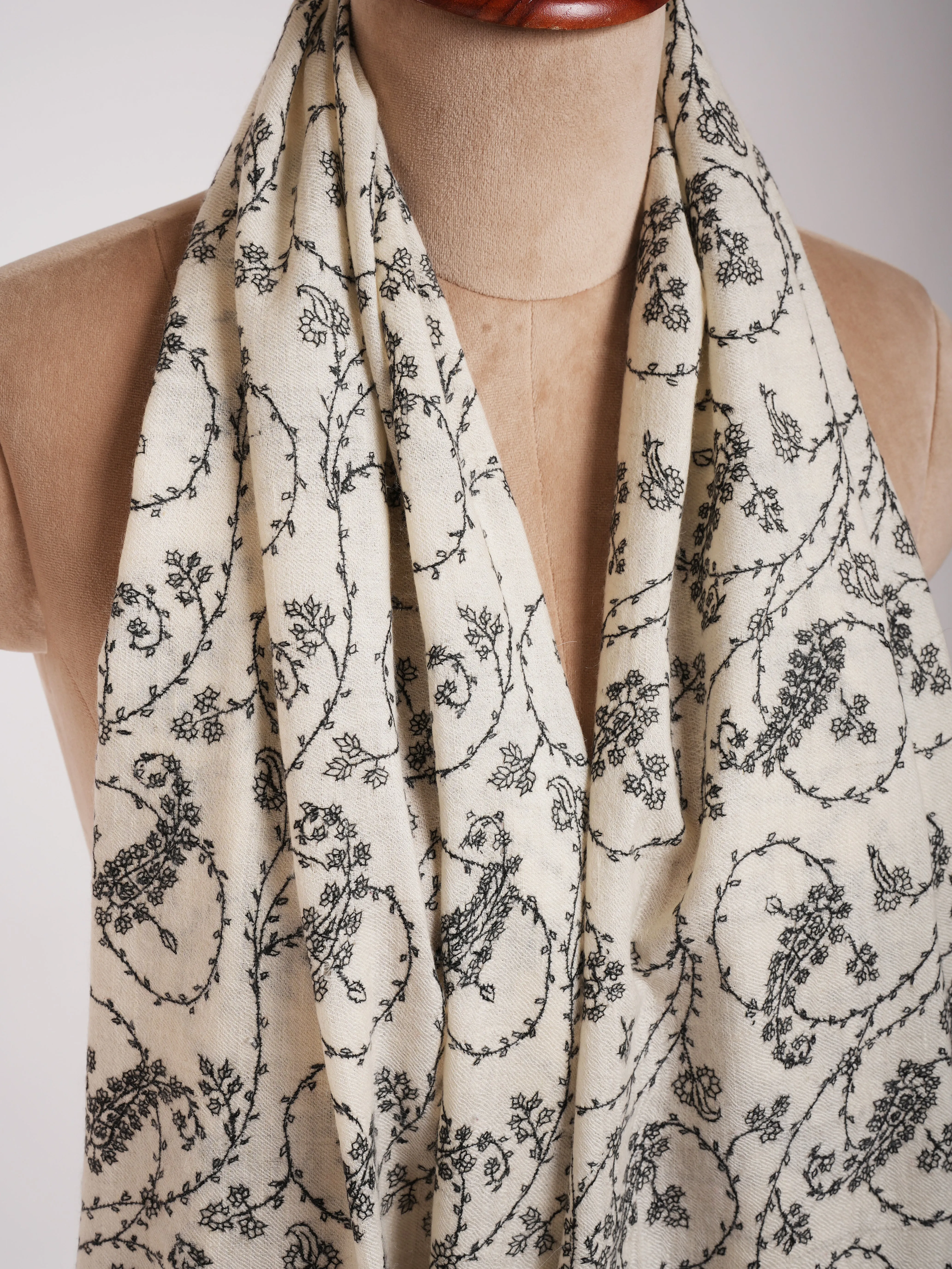 White Pure Cashmere Scarf with Black Sozni Embroidery