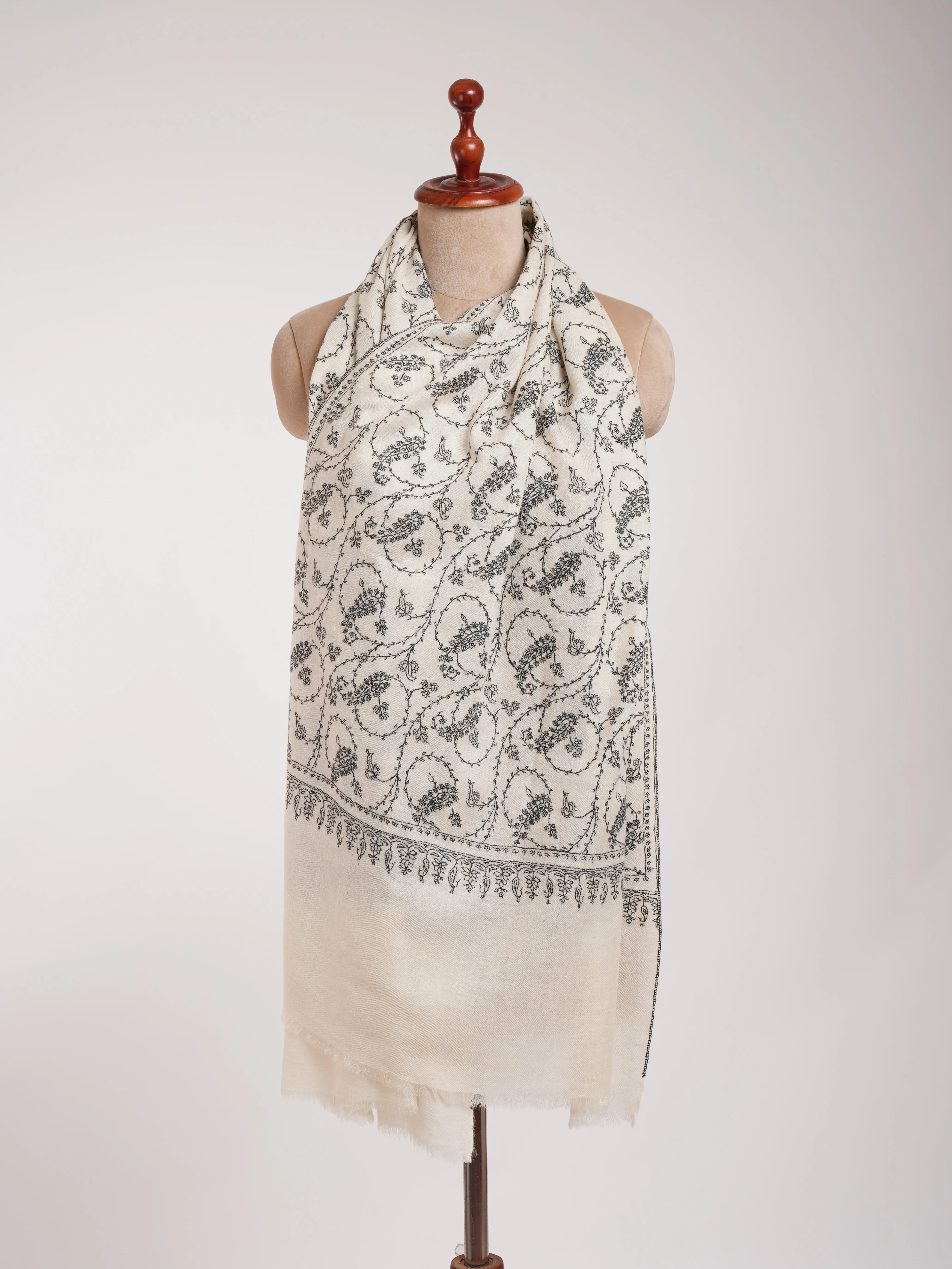 White Pure Cashmere Scarf with Black Sozni Embroidery