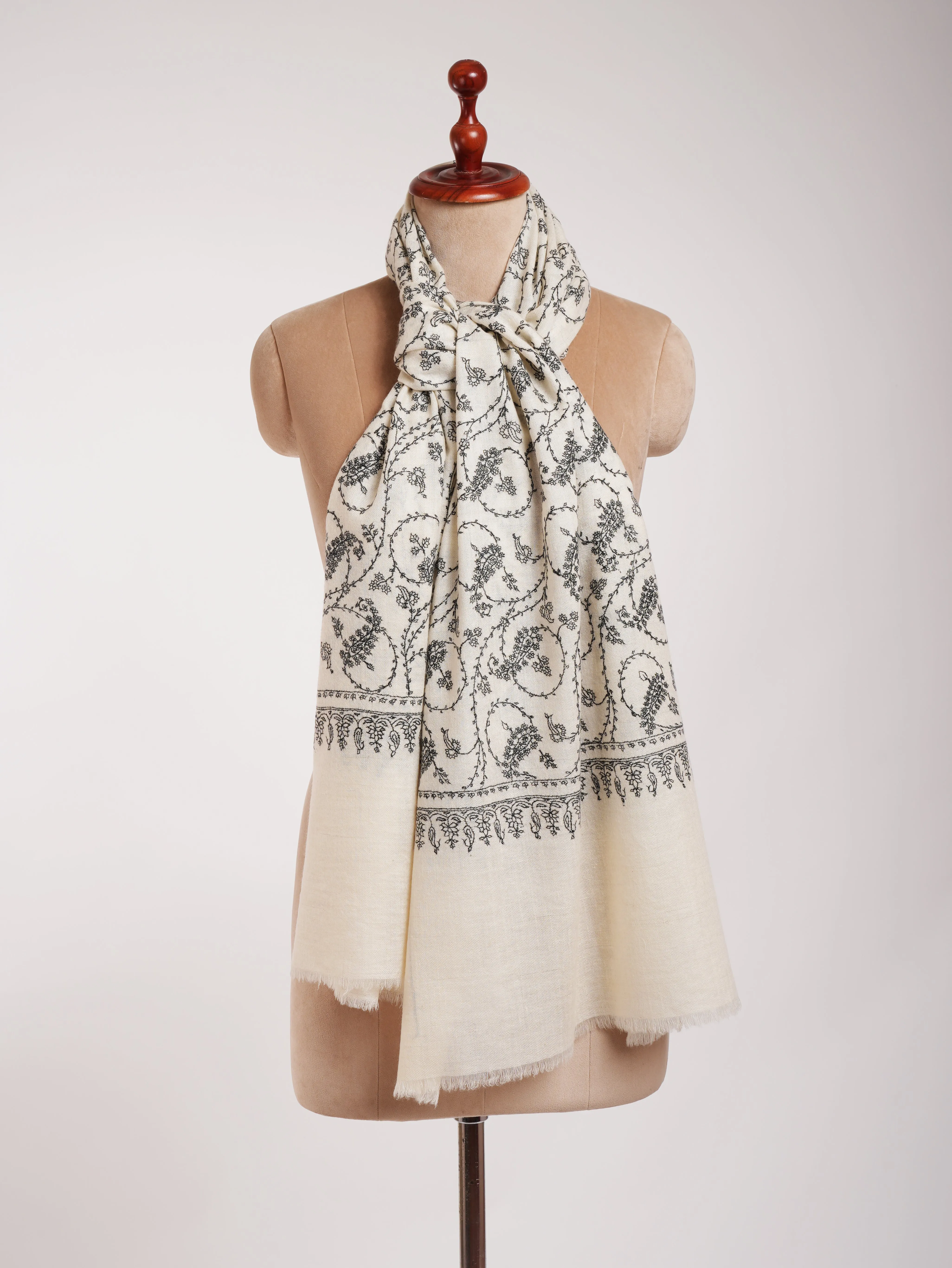 White Pure Cashmere Scarf with Black Sozni Embroidery