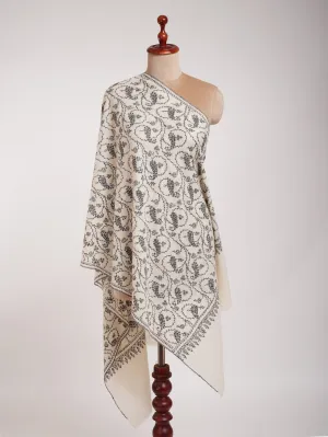 White Pure Cashmere Scarf with Black Sozni Embroidery